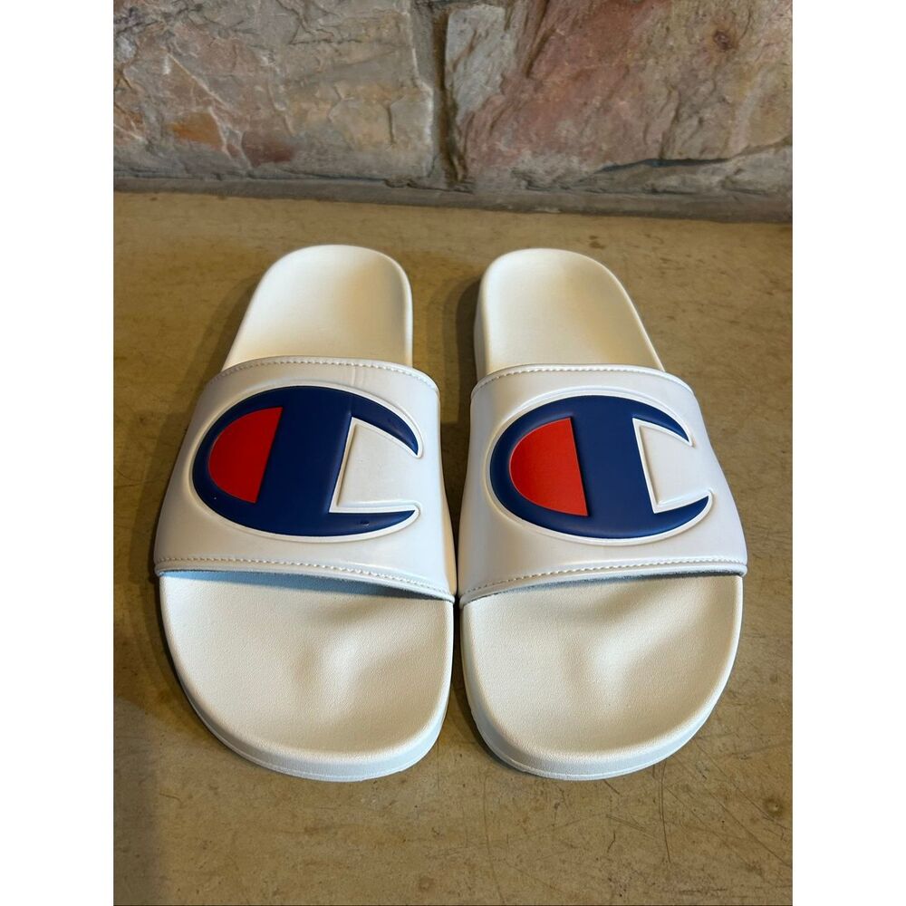 Champion IPO Slide Sandals Men’s Size 10M White Red Blue Big C Logo Heritage